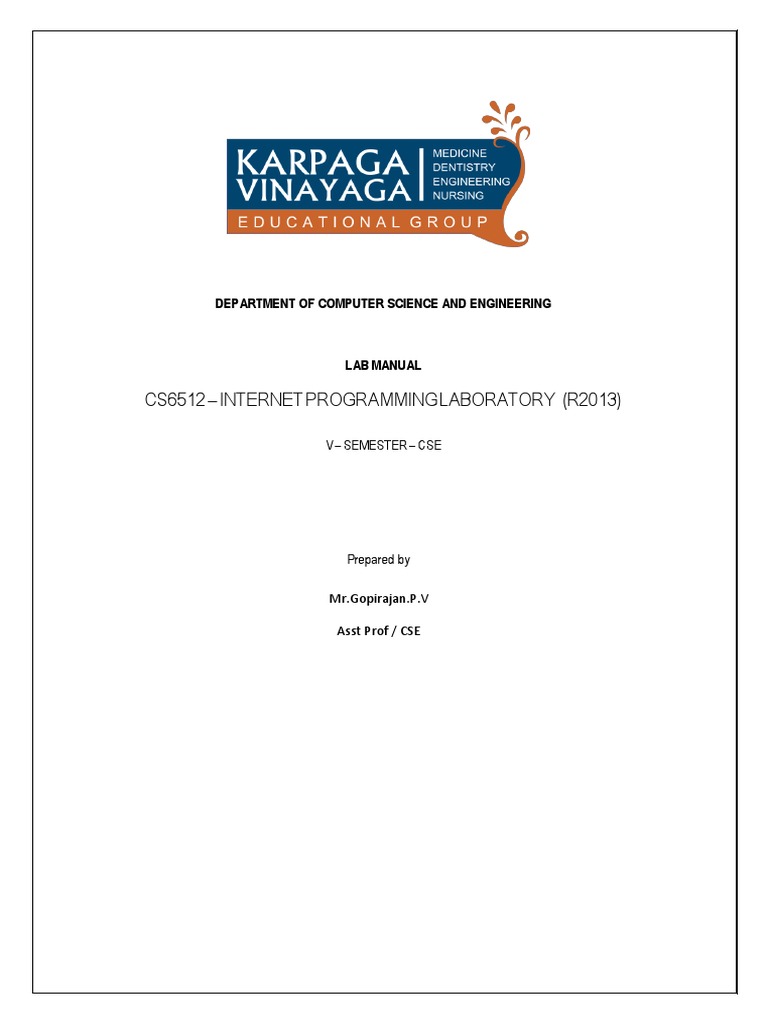Ip Lab Manual CS6512 PDF PDF Java Server Pages Java Servlet