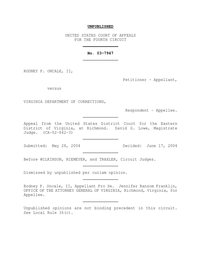 Oncale v. Virginia DOC Appeal Dismissed | PDF
