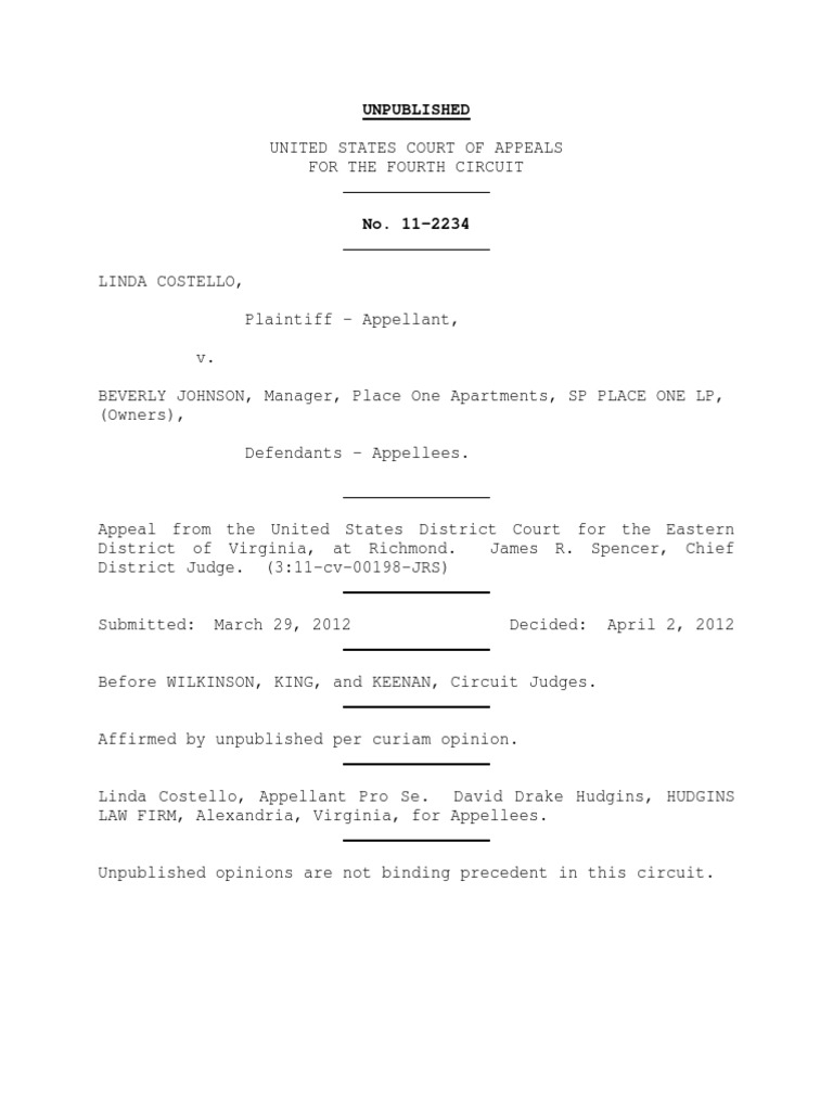 Linda Costello v. Beverly Johnson, 4th Cir. (2012) PDF
