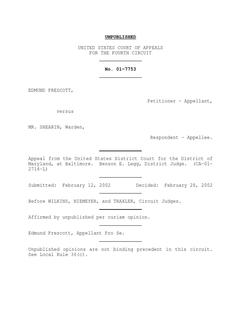 Prescott v. Shearin, 4th Cir. (2002) | PDF | Law