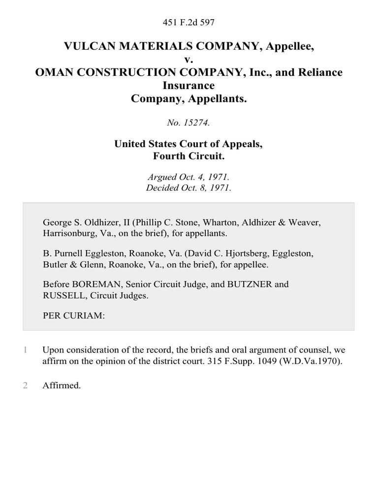 Vulcan Materials Company v. Oman Construction Company, Inc., and