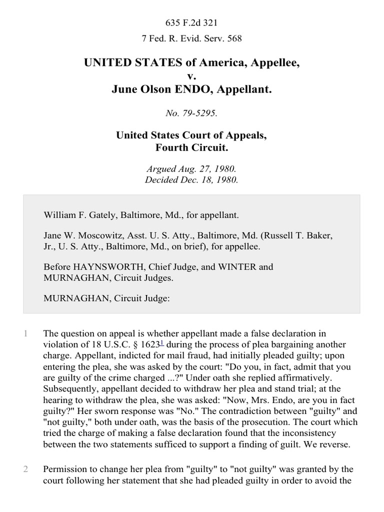 United States v. June Olson Endo, 635 F.2d 321, 4th Cir. (1980) PDF
