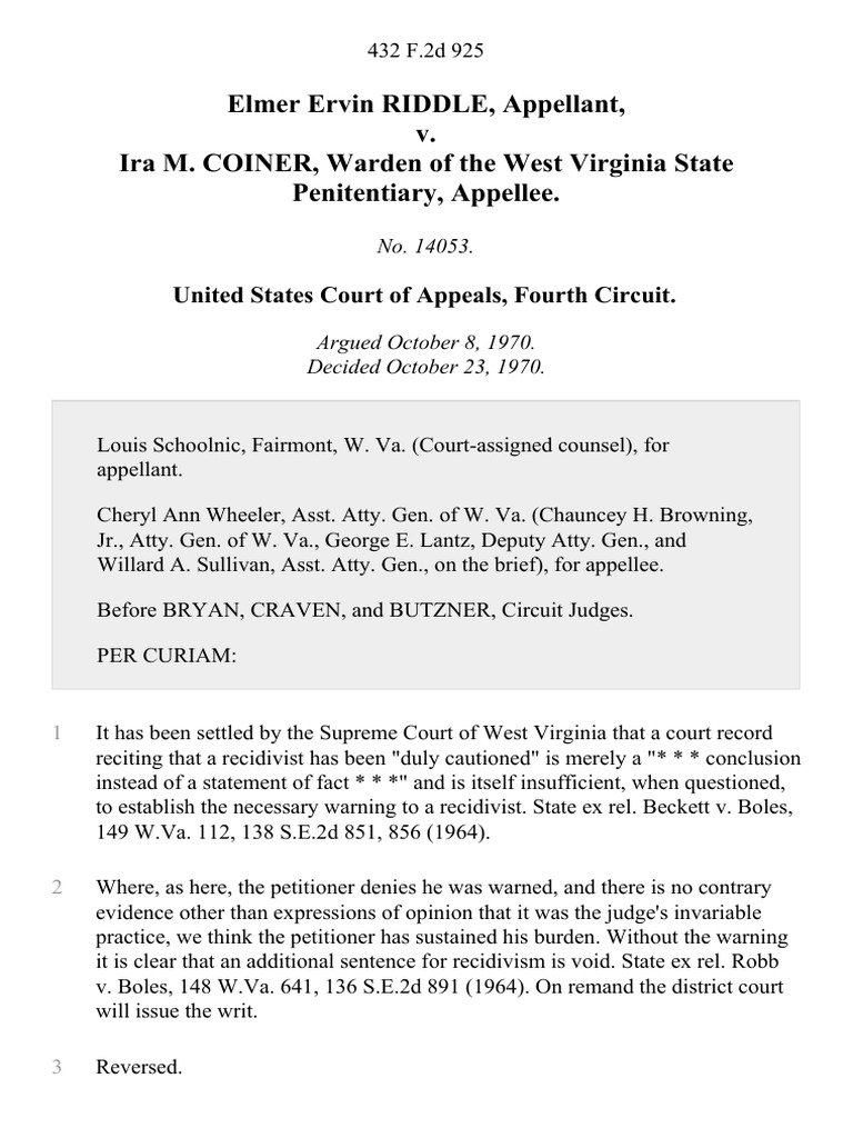 Elmer Ervin Riddle v. Ira M. Coiner, Warden of The West Virginia State ...