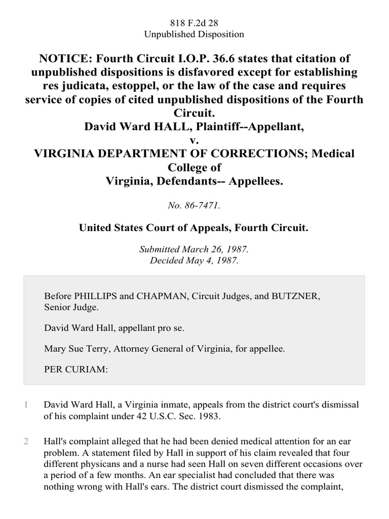 David Ward Hall v. Virginia Department of Corrections Medical College ...
