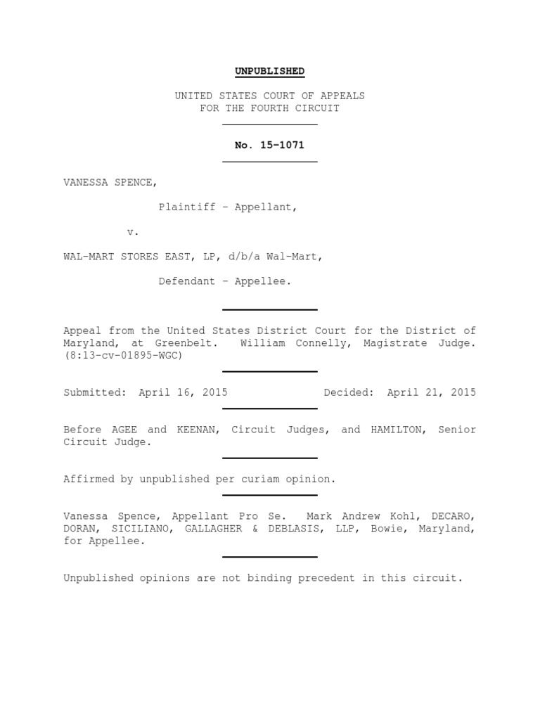 Vanessa Spence v. WalMart Stores East, LP, 4th Cir. (2015) PDF