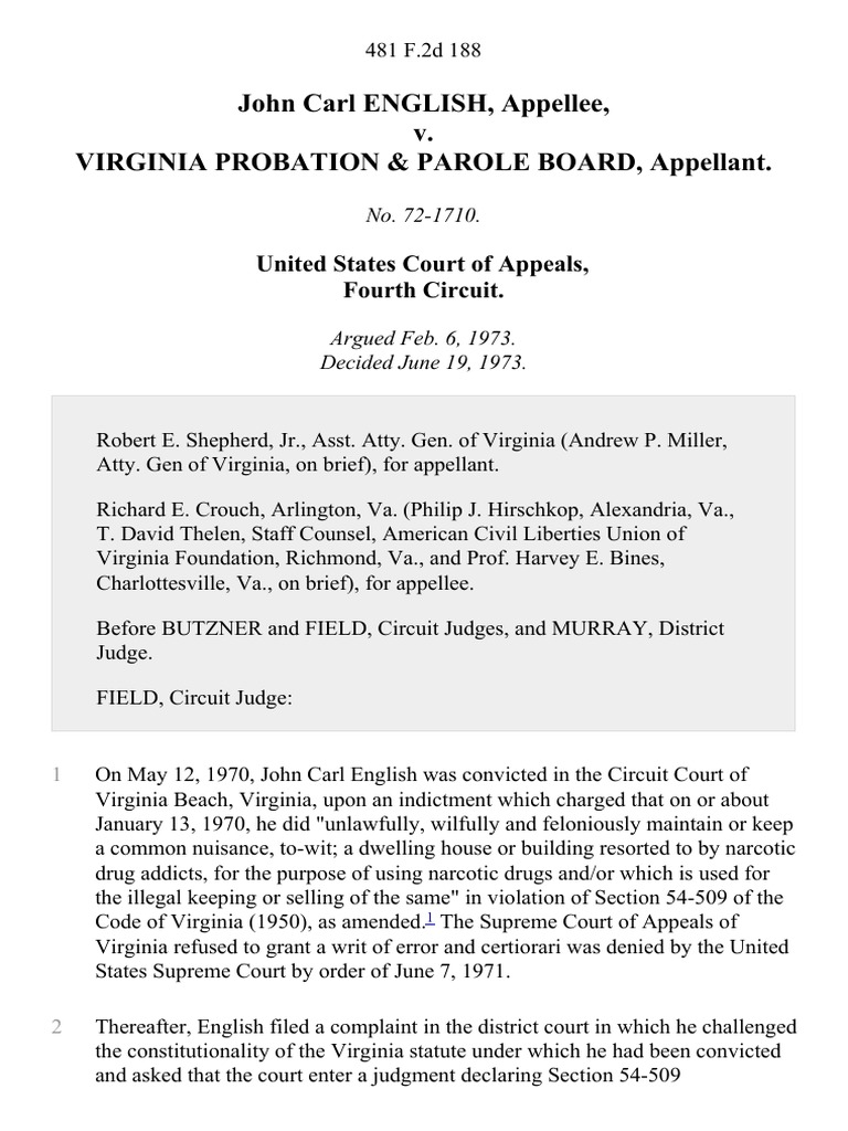 John Carl English v. Virginia Probation & Parole Board, 481 F.2d 188
