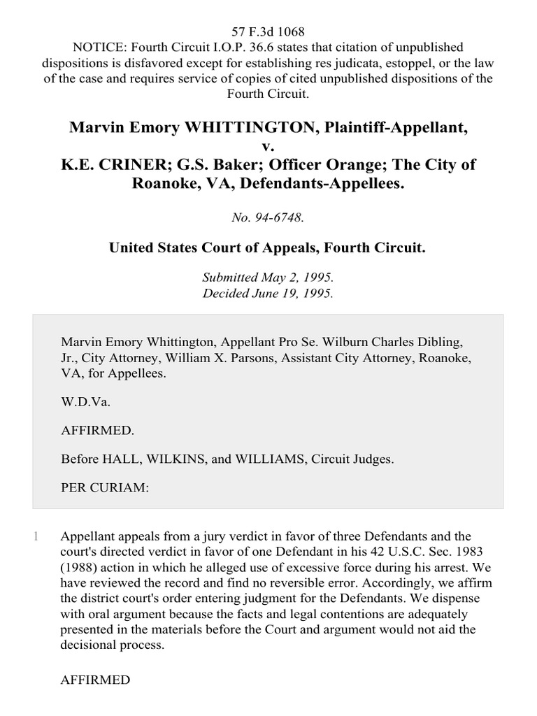 Marvin Emory WHITTINGTON, Plaintiff-Appellant, v. K.E. CRINER G.S ...
