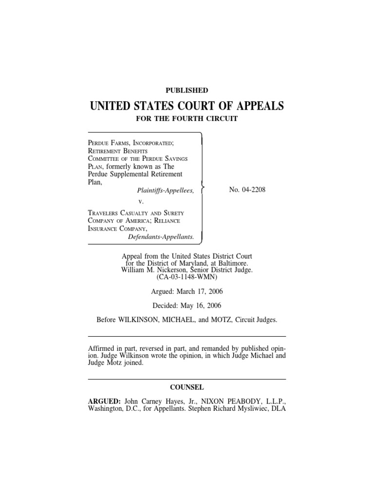 Perdue Farms v. Travelers Casualty, 4th Cir. (2006) PDF Indemnity