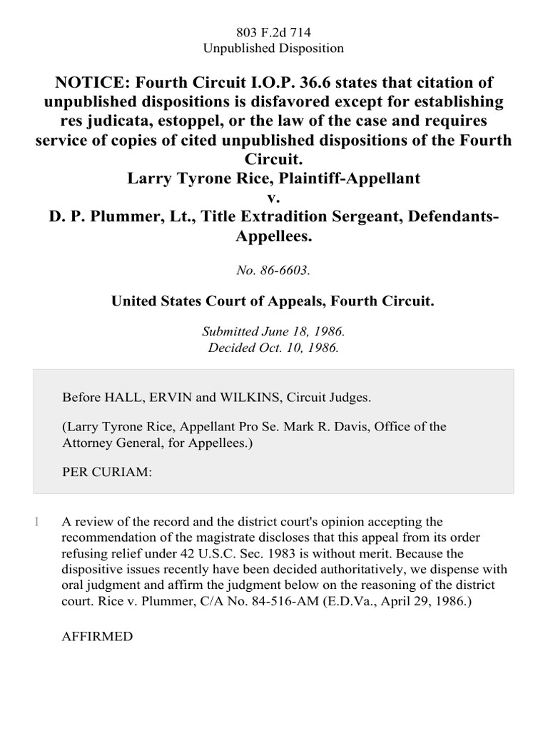 Larry Tyrone Rice v. D. P. Plummer, LT., Title Extradition Sergeant, 803 F.2d 714, 4th Cir