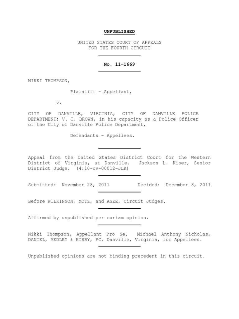 Nikki Thompson v. City of Danville, Virginia, 4th Cir. (2011) PDF