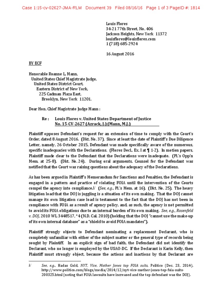 Opposition to DOJ FOIA Extension Request | PDF | Freedom Of Information ...
