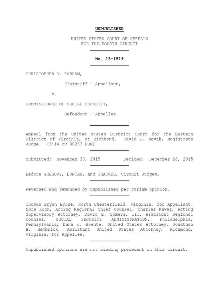 Christopher Parham v. Commissioner of Social Security, 4th Cir. (2015 ...