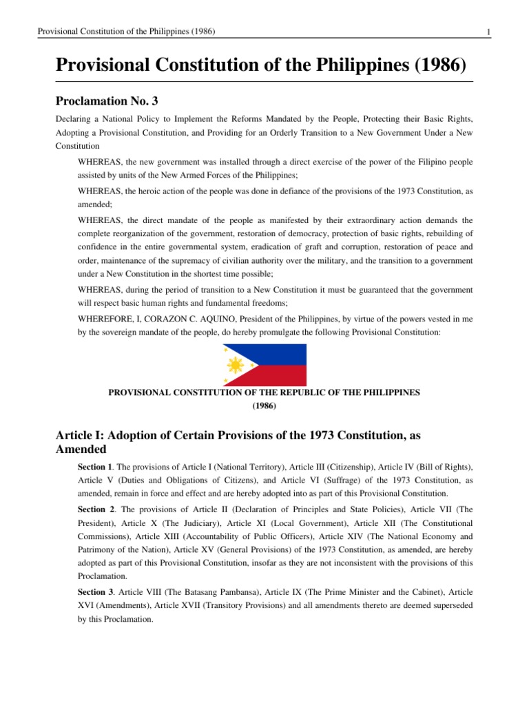 1986 Constitution Official Documents Political Charters