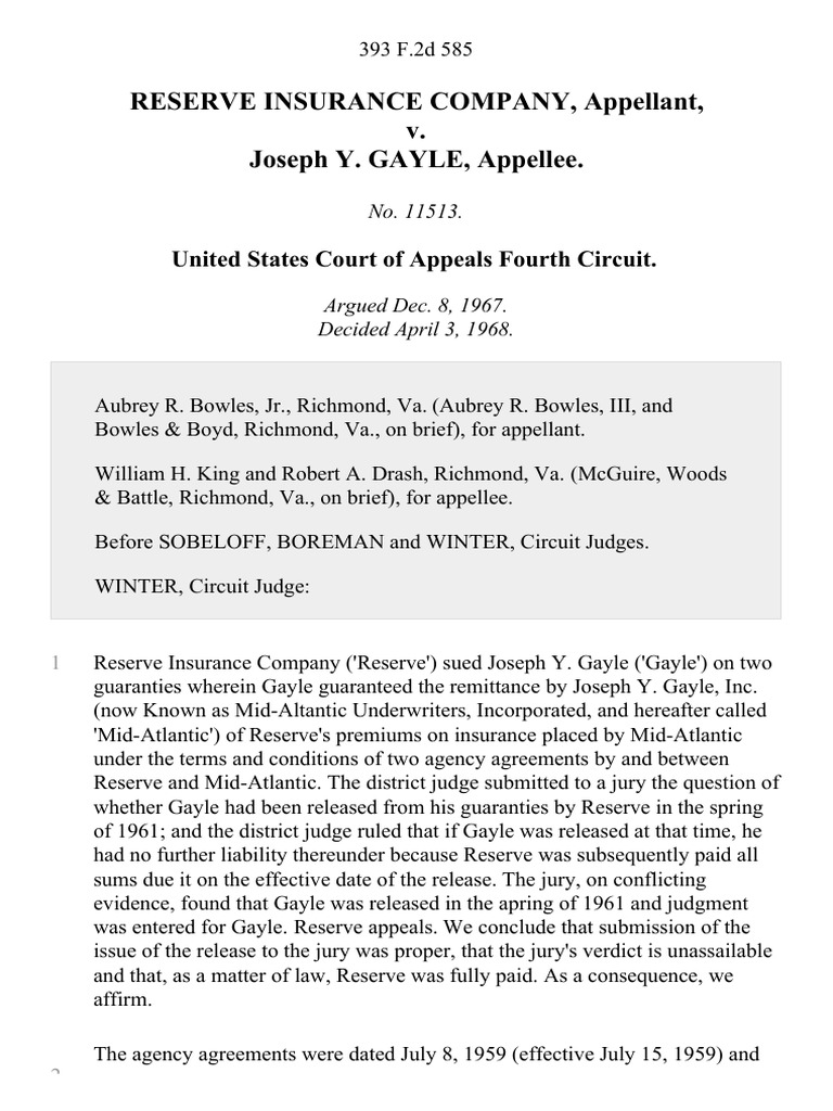 Reserve Insurance Company v. Joseph Y. Gayle, 393 F.2d 585, 4th Cir