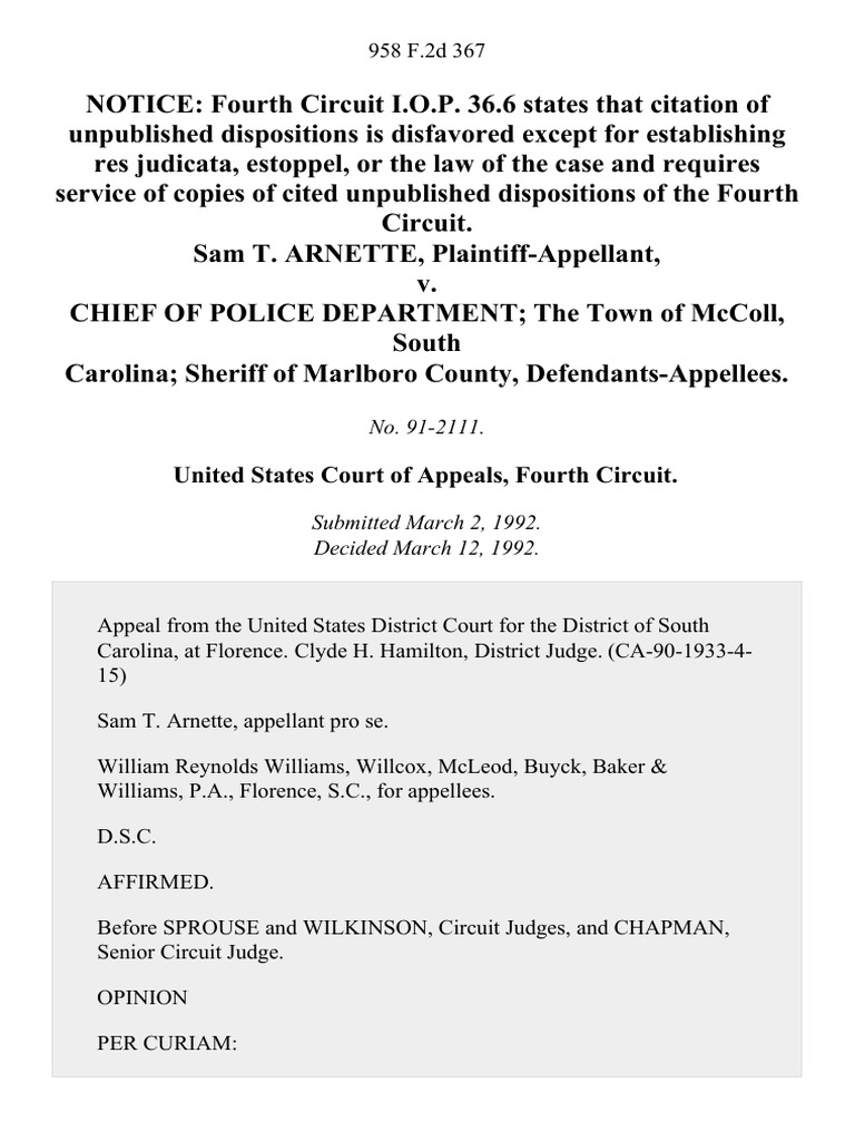 Sam T. v. Chief of Police Department The Town of McColl South