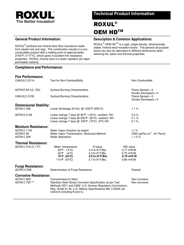 ROXUL OEM HD Technical Data Sheet Building Materials Building