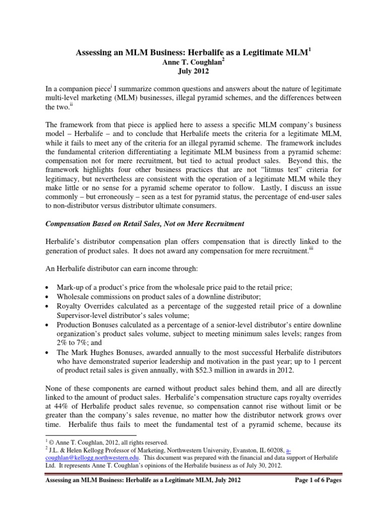 Assessing An MLM Business $HLF As A Legitimate MLM Anne Coughlan PDF | PDF