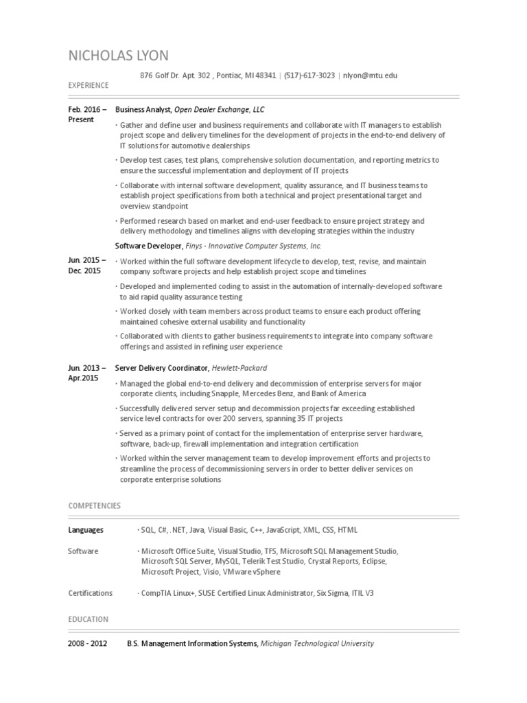 Nicholas Lyon: IT Professional Resume | PDF | Software Development ...