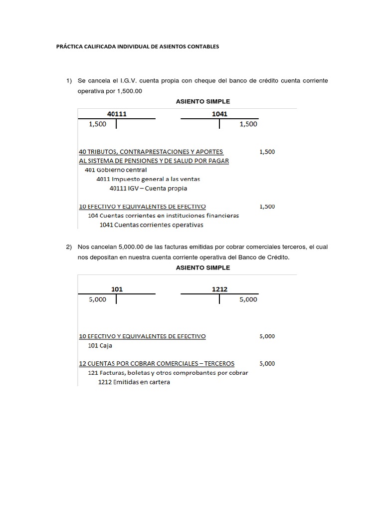 Practica Calificada Individual De Asientos Contables Pdf Cuenta De Transaccion Cheque