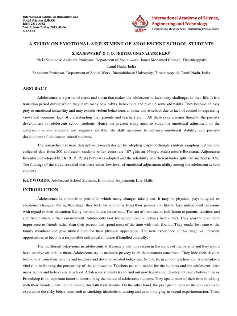 A Study On Emotional Adjustment of Adole PDF | PDF | Friendship ...
