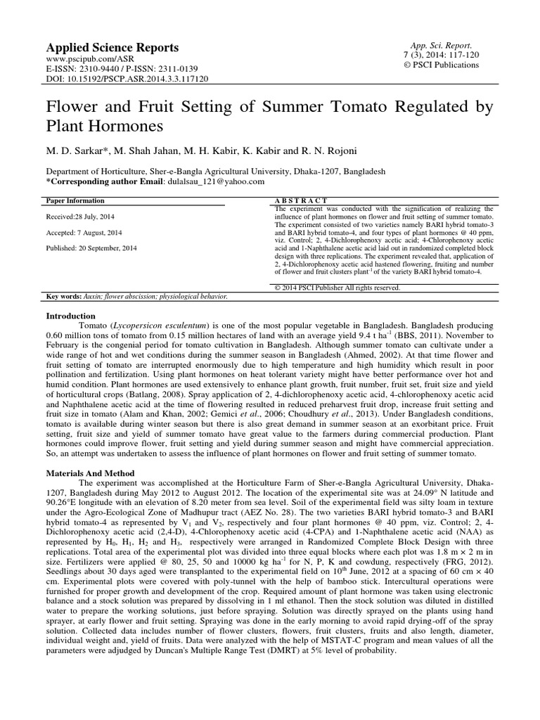 Flower and Fruit Setting of Summer Tomato Regulated by Plant Hormone