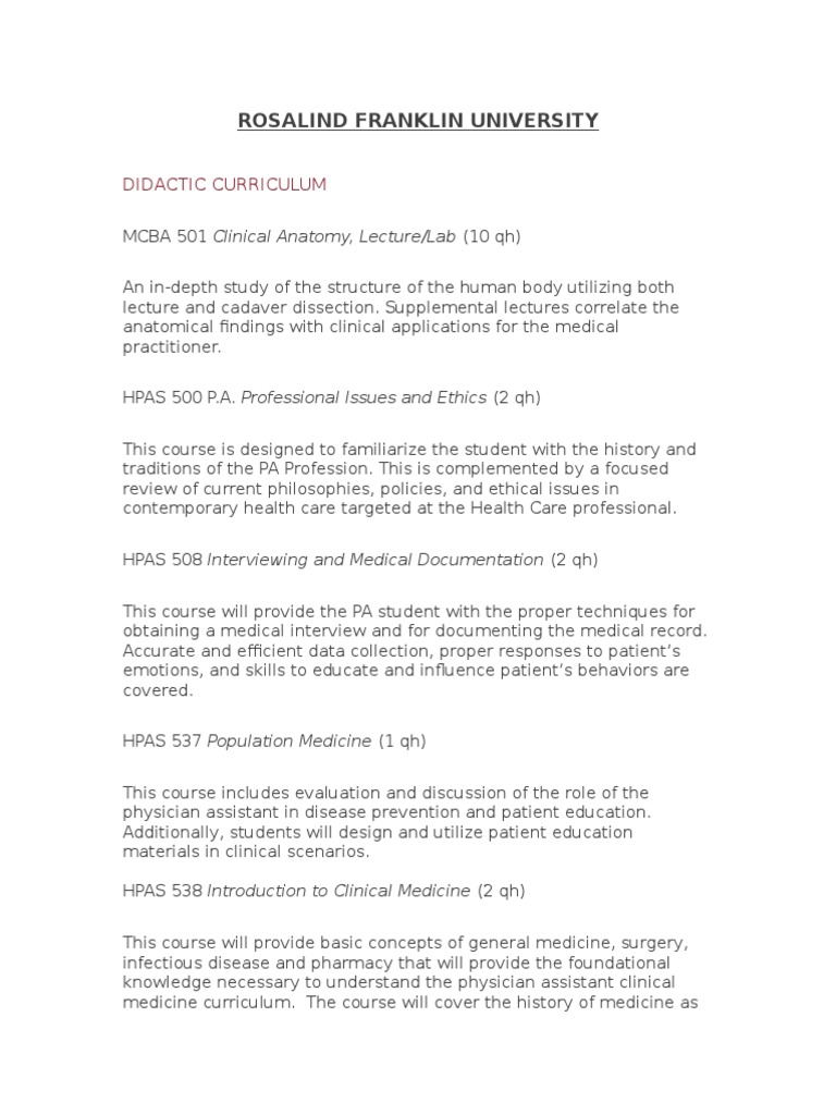 Rosalind Franklin PA Program Curriculum | PDF | Medical Diagnosis ...
