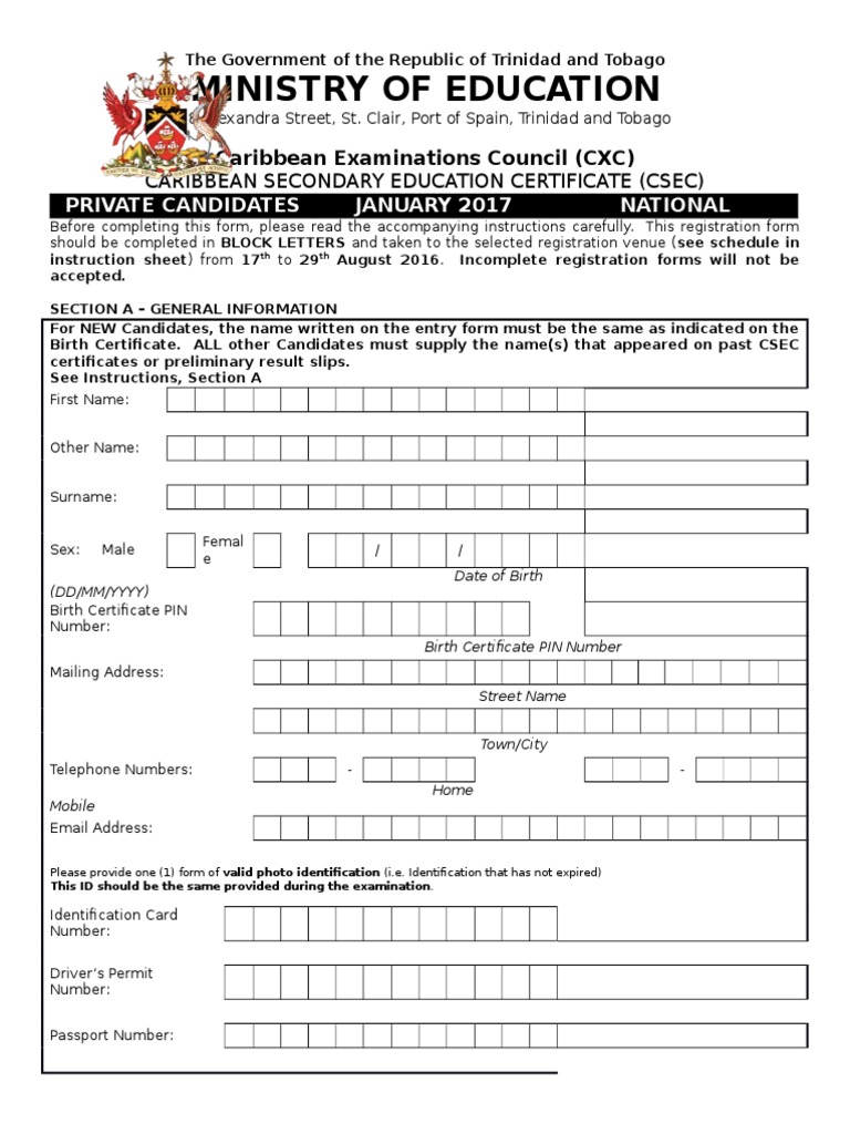 CSEC Application Form National January 2017 | PDF | Identity Document ...