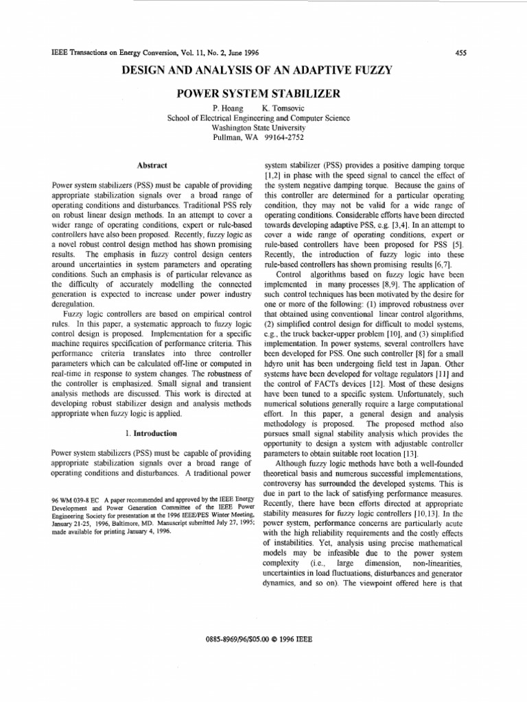 Design and Analysis of An Adaptive Fuzzy Power System Stabilizer | PDF ...