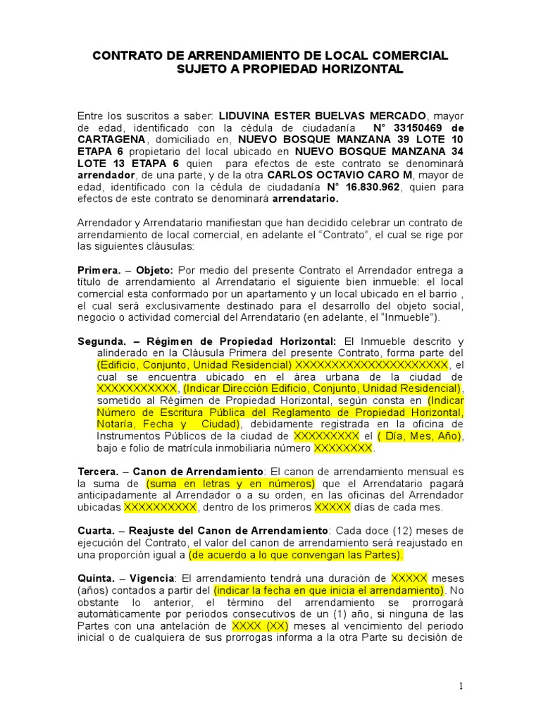 Contrato de Arriendo de Local Comercial Sometido a