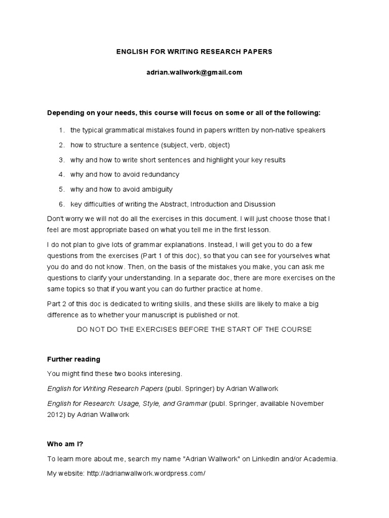 English for Papers Exercises English Language Noun