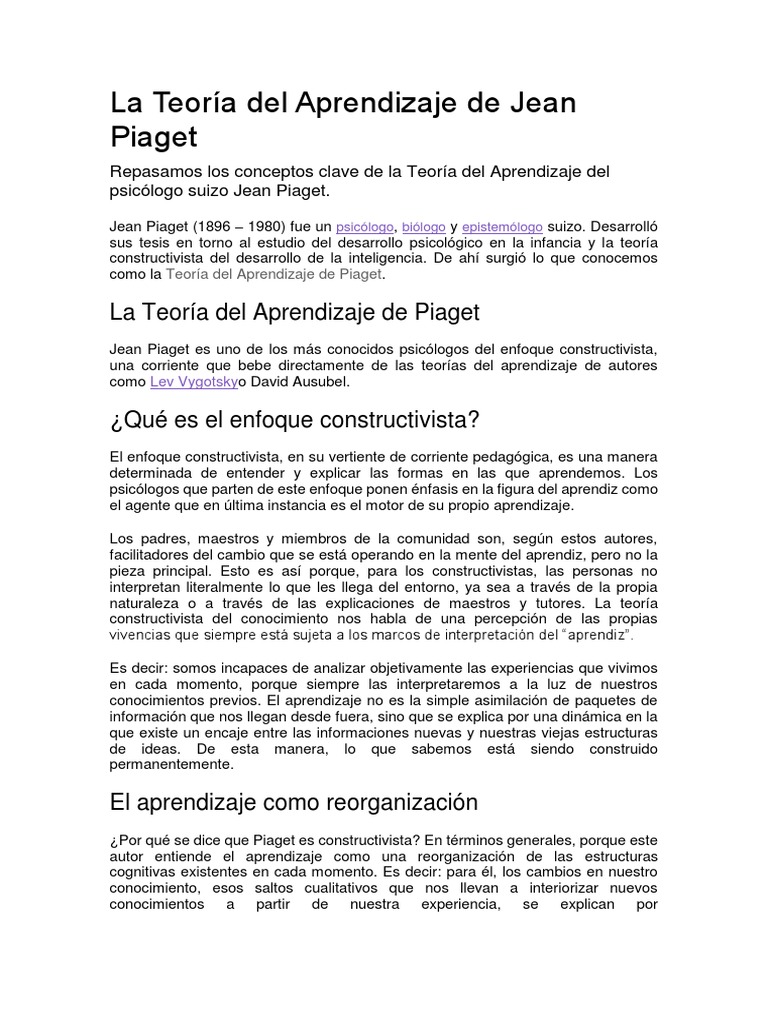 La Teoría Del Aprendizaje de Jean Piaget | PDF | Constructivismo ...