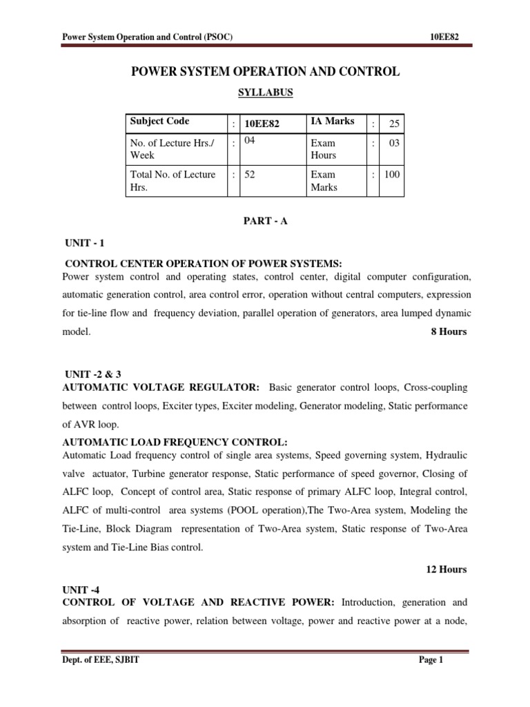 EeeViiiPower System Operation and Control (10ee82) Notes PDF PDF Scada Electric Power