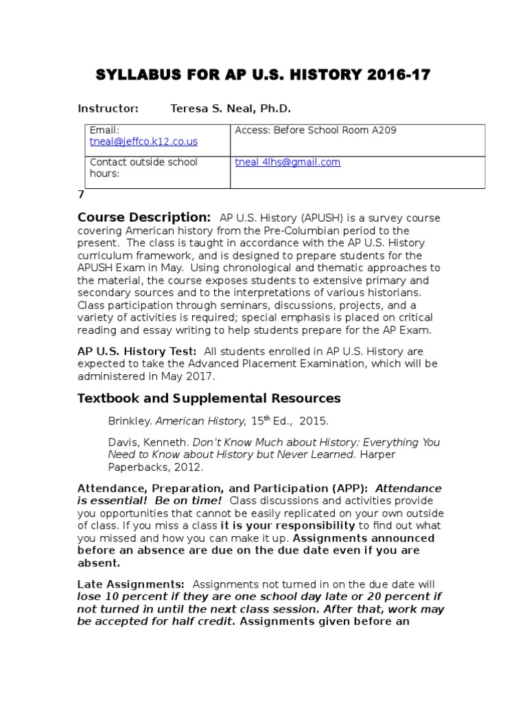 Syllabus For Ap U.S. History 201617 Course Description Advanced