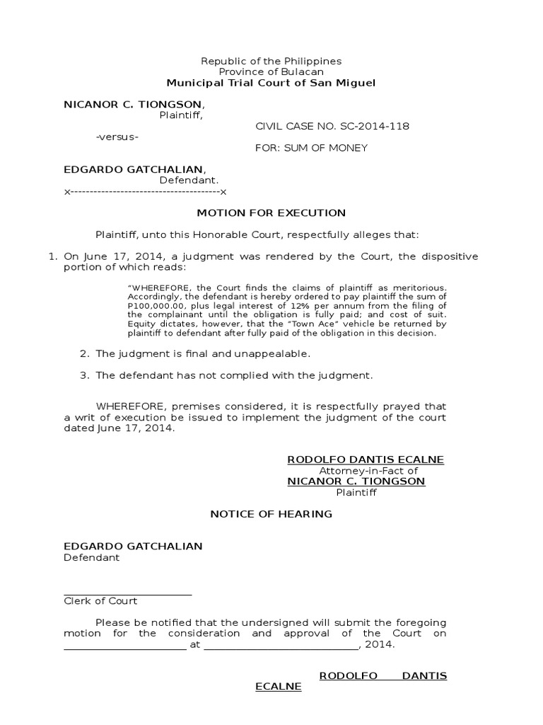 Motion for Execution in Civil Case SC-2014-118 | PDF | Law
