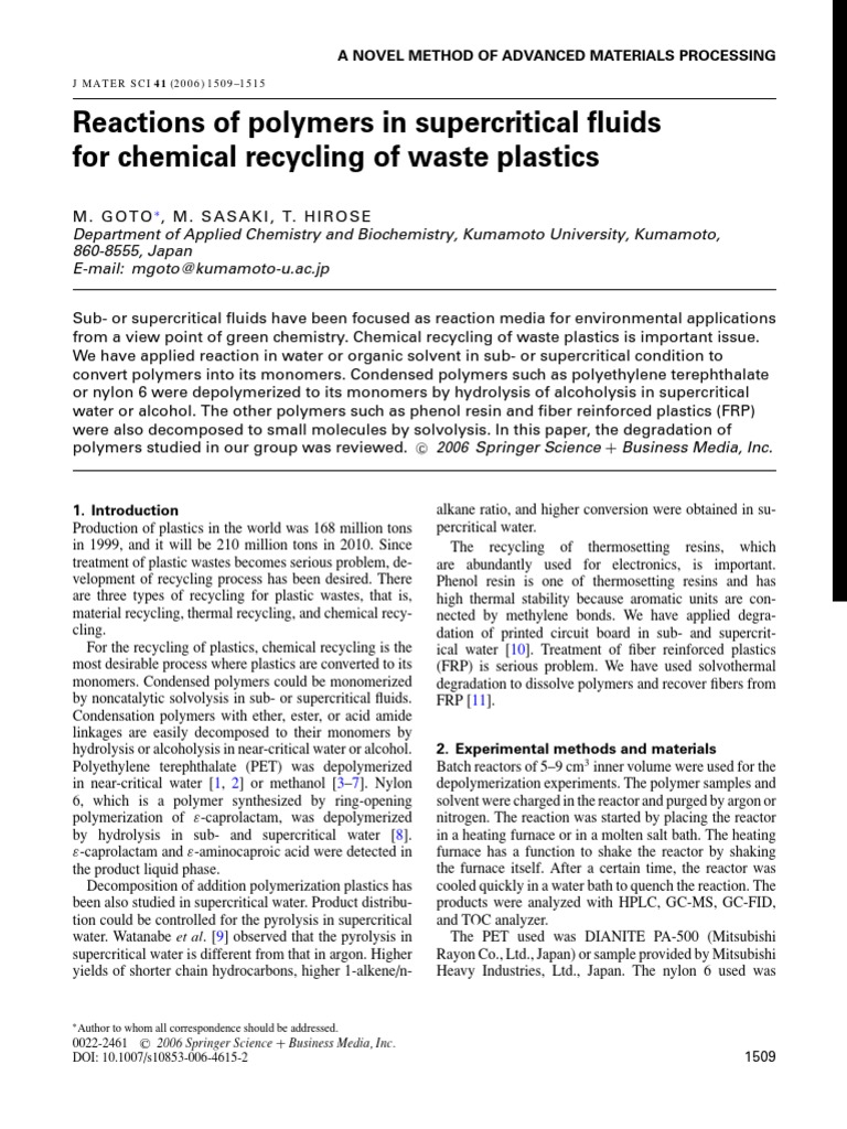Reactions of Polymers in Supercritical Fluids For Chemical Recycling of ...