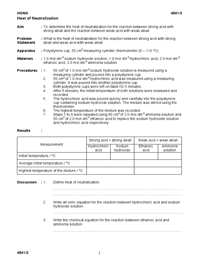 Heat of Neutralization Acid Chemistry