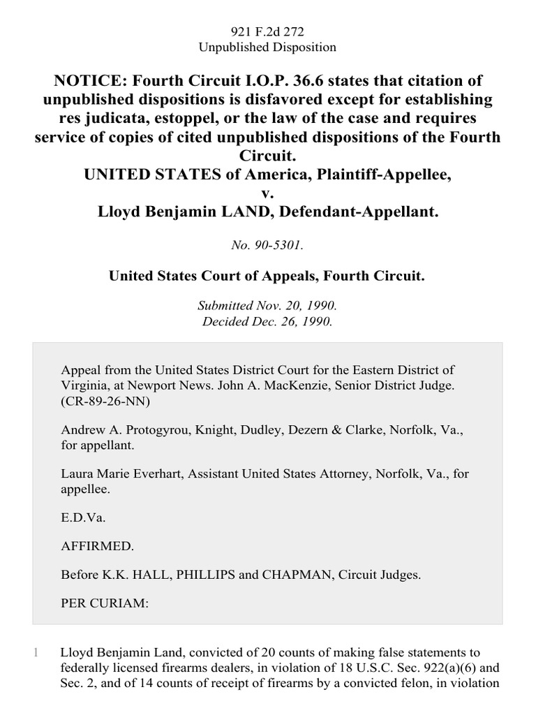 United States v. Lloyd Benjamin Land, 921 F.2d 272, 4th Cir. (1990) PDF