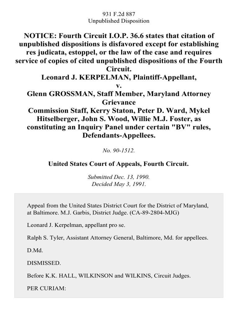 Leonard J. Kerpelman v. Glenn Grossman, Staff Member, Maryland Attorney Grievance Commission