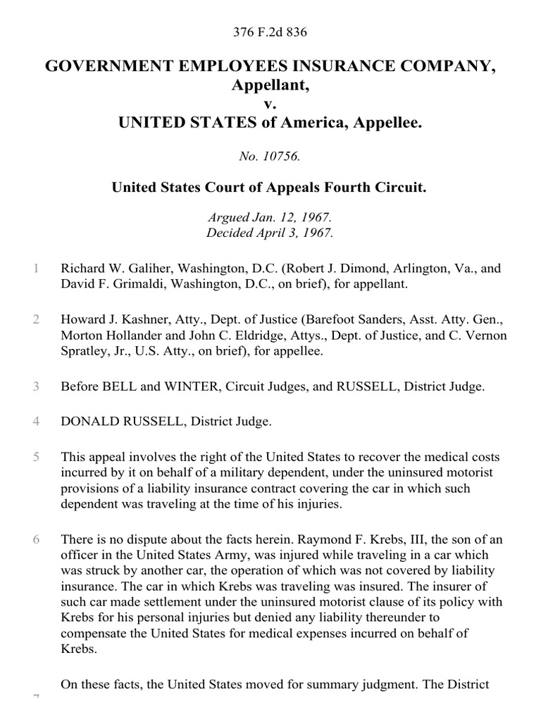 Government Employees Insurance Company v. United States, 376 F.2d 836, 4th Cir. (1967 ...