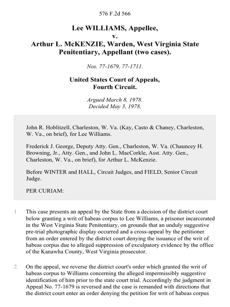 Lee Williams v. Arthur L. McKenzie Warden, West Virginia State