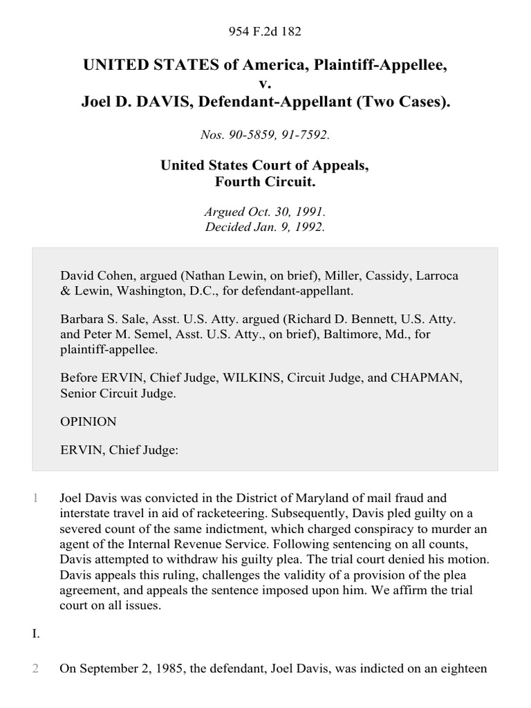 United States v. Joel D. Davis, (Two Cases), 954 F.2d 182, 4th Cir