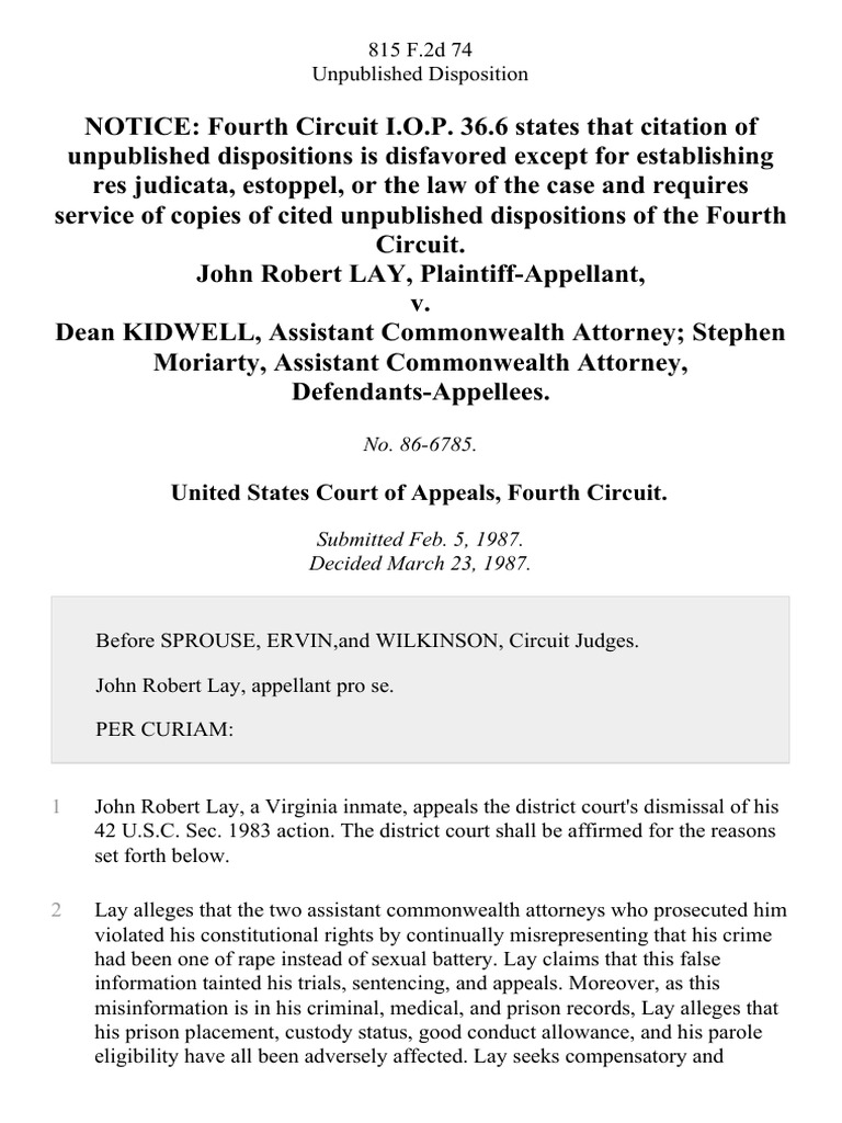 John Robert Lay v. Dean Kidwell, Assistant Commonwealth Attorney