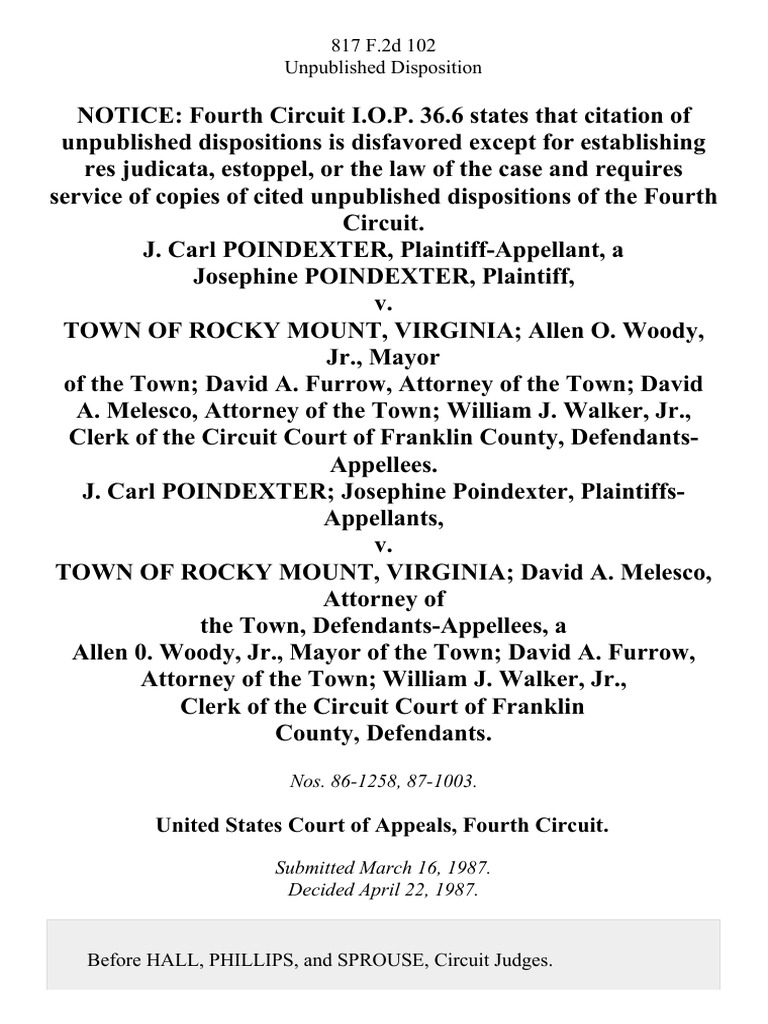 J. Carl Poindexter, a Josephine Poindexter v. Town of Rocky Mount