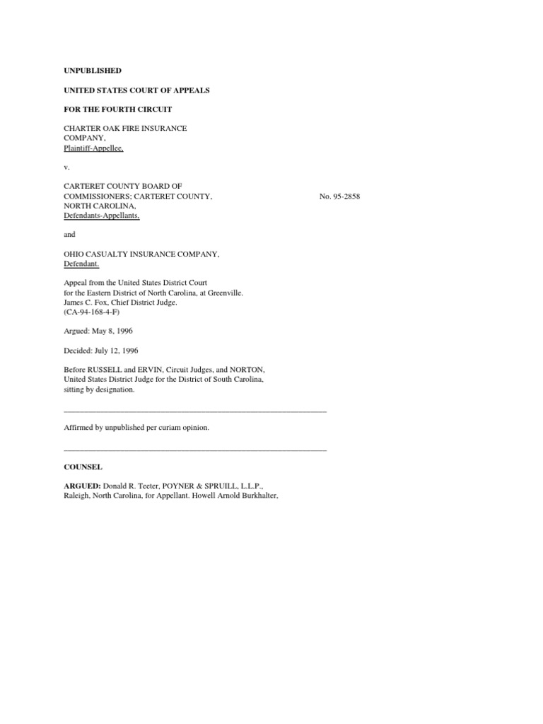 Charter Oak Fire Ins v. Carteret County Brd, 4th Cir
