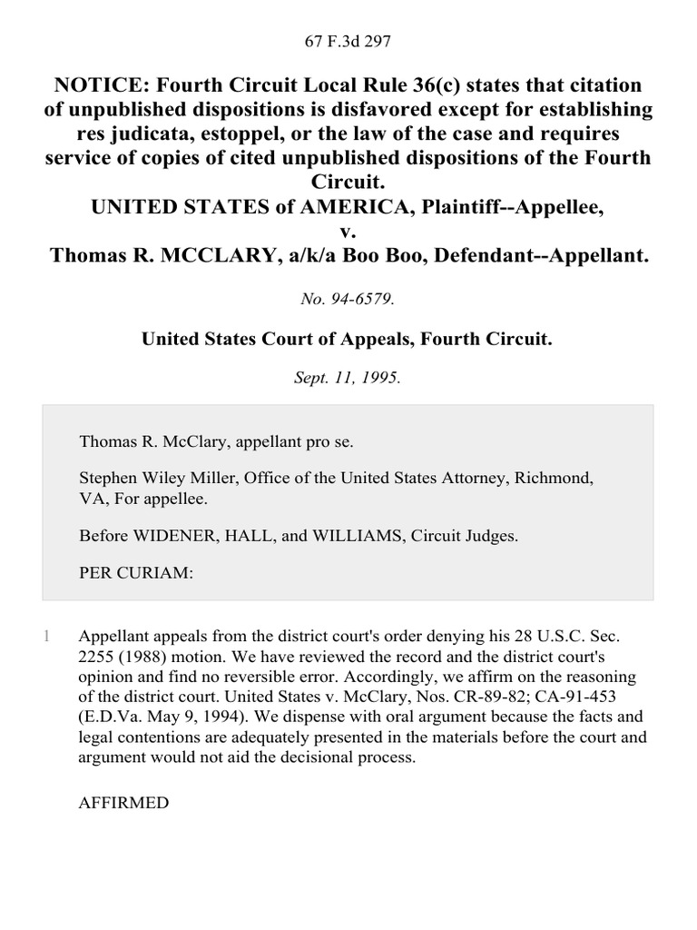 United States v. Thomas R. McClary A/K/A Boo Boo, 67 F.3d 297, 4th Cir ...