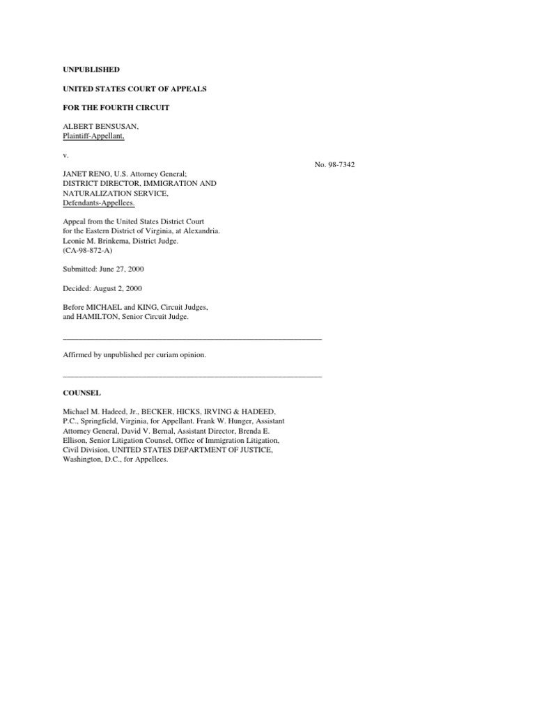 Bensusan v. Reno: Deportation Appeal Ruling | PDF | Antiterrorism And ...