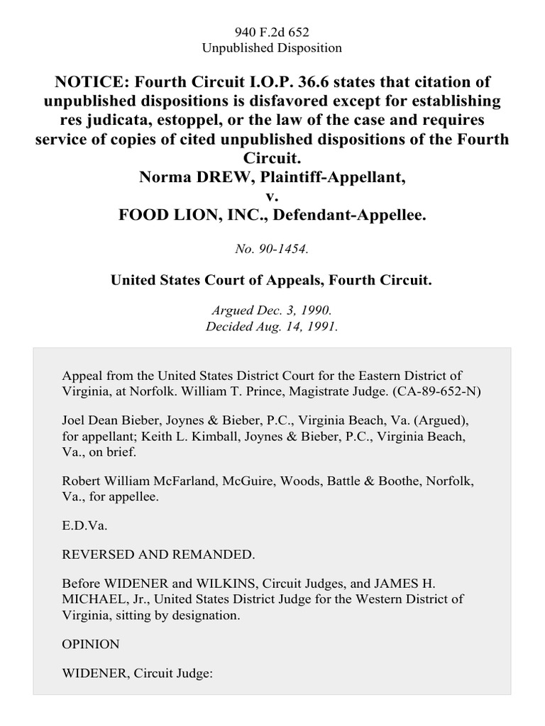 Norma Drew v. Food Lion, Inc., 940 F.2d 652, 4th Cir. (1991) PDF