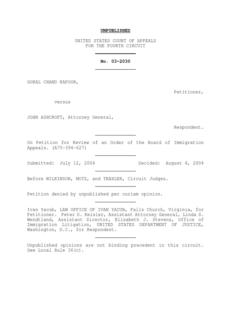 Kapoor v. Ashcroft, 4th Cir. (2004) PDF