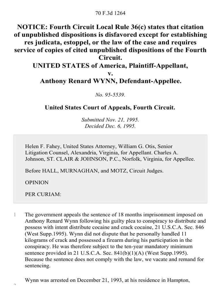 United States V Anthony Renard Wynn 70 F 3d 1264 4th Cir 1995 United States Federal Sentencing Guidelines Justice