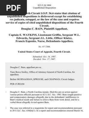 Douglas C Bain V Captain E Watkins Lieutenant Griffin Sergeant W L Edwards Sergeant J L Little Officer Klutzz Francis Esposito Nurse 3 F 2d 1004 4th Cir 1987 Pro Se Legal Representation In